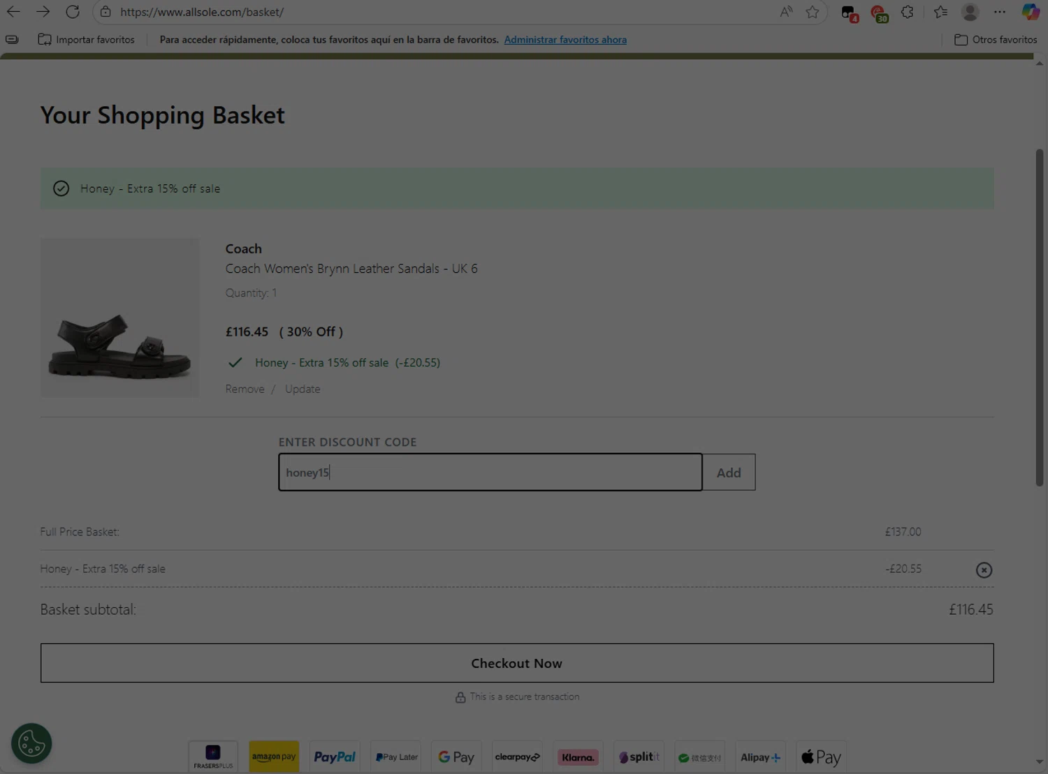 Allsole promo code screenshot showing code honey15 applied at Allsole checkout page. Uploaded by SimplyCodes community member NobleLion9913 on Aug 29, 2025