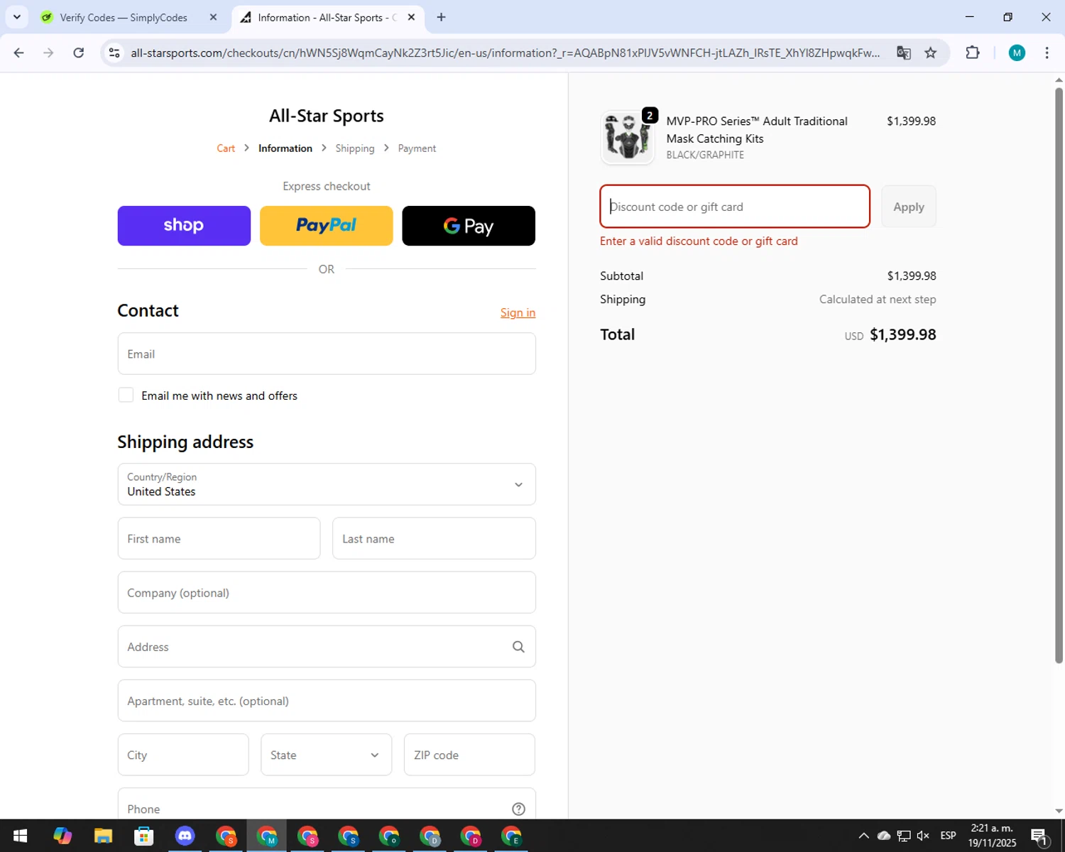 All Star discount code screenshot showing code DISCOUNT10 applied at All Star checkout page. Uploaded by SimplyCodes community member 000005 on Nov 19, 2025