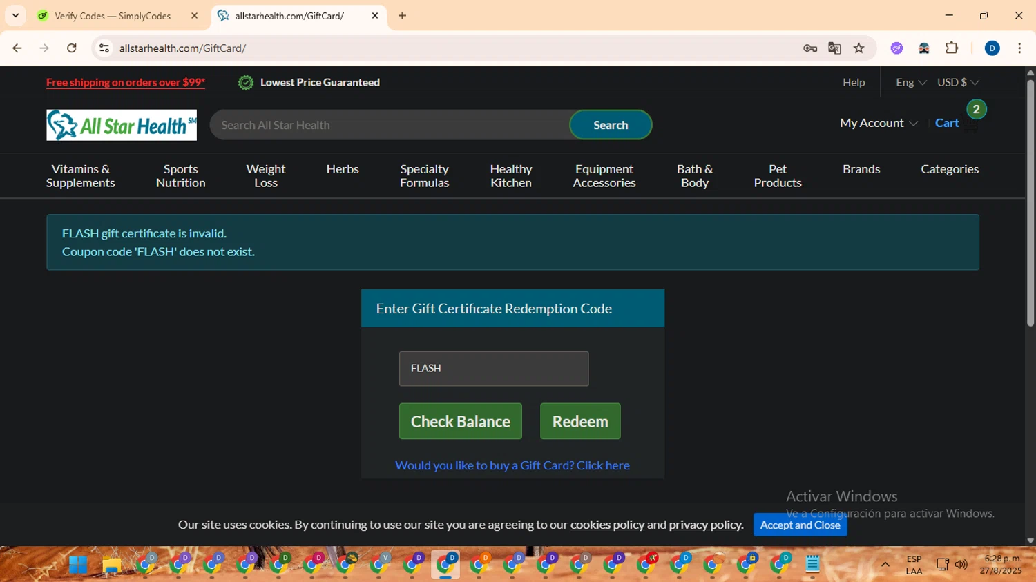 All Star Health promo code screenshot showing code FLASH applied at All Star Health checkout page. Uploaded by SimplyCodes community member DealVoyager8768 on Aug 27, 2025