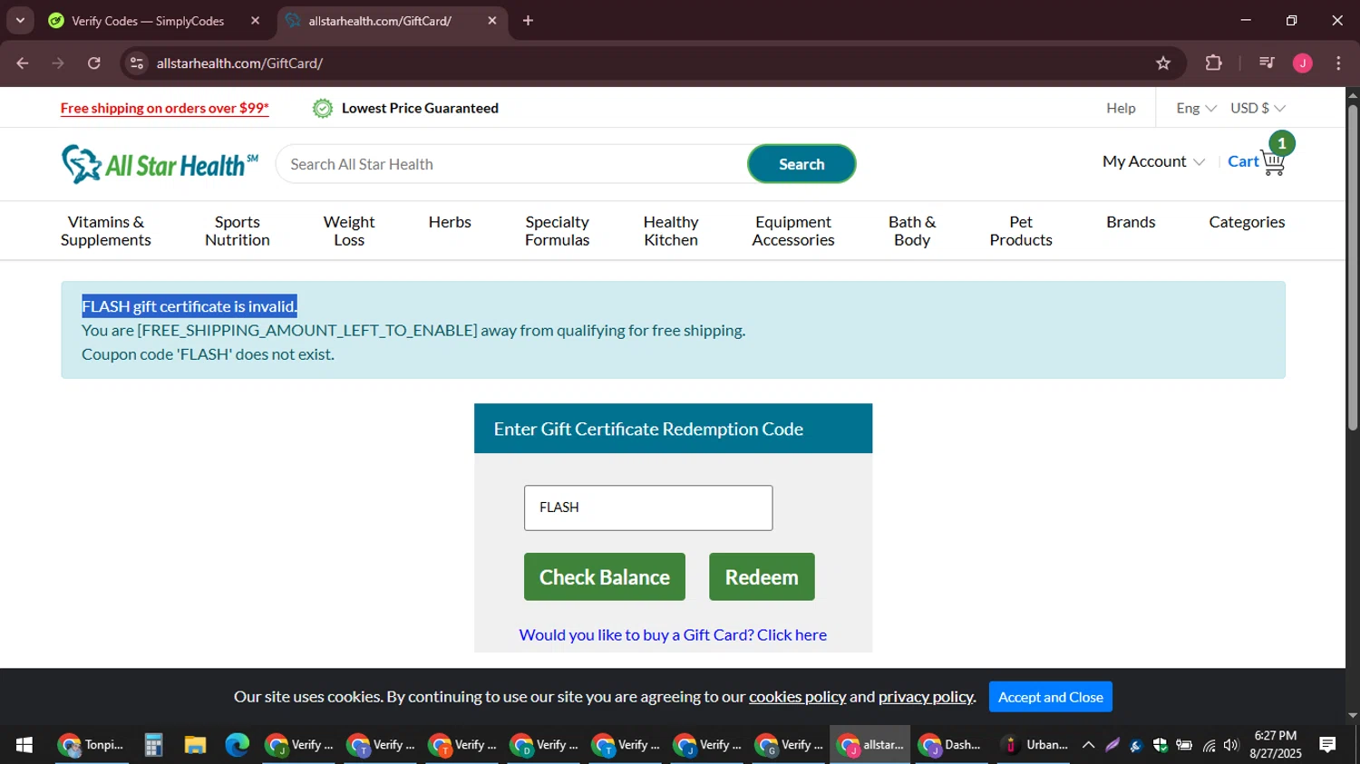 All Star Health promo code screenshot showing code FLASH applied at All Star Health checkout page. Uploaded by SimplyCodes community member JackWilson63 on Aug 27, 2025