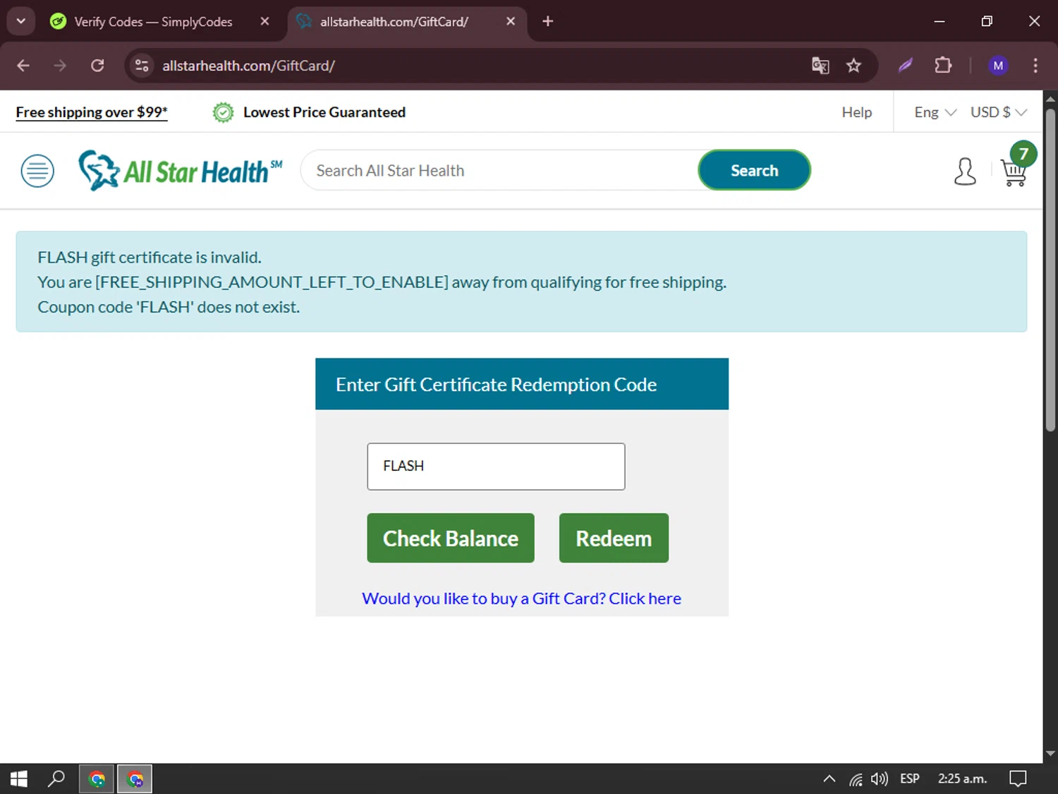 All Star Health promo code screenshot showing code FLASH applied at All Star Health checkout page. Uploaded by SimplyCodes community member simplyyycodeess on Apr 6, 2025