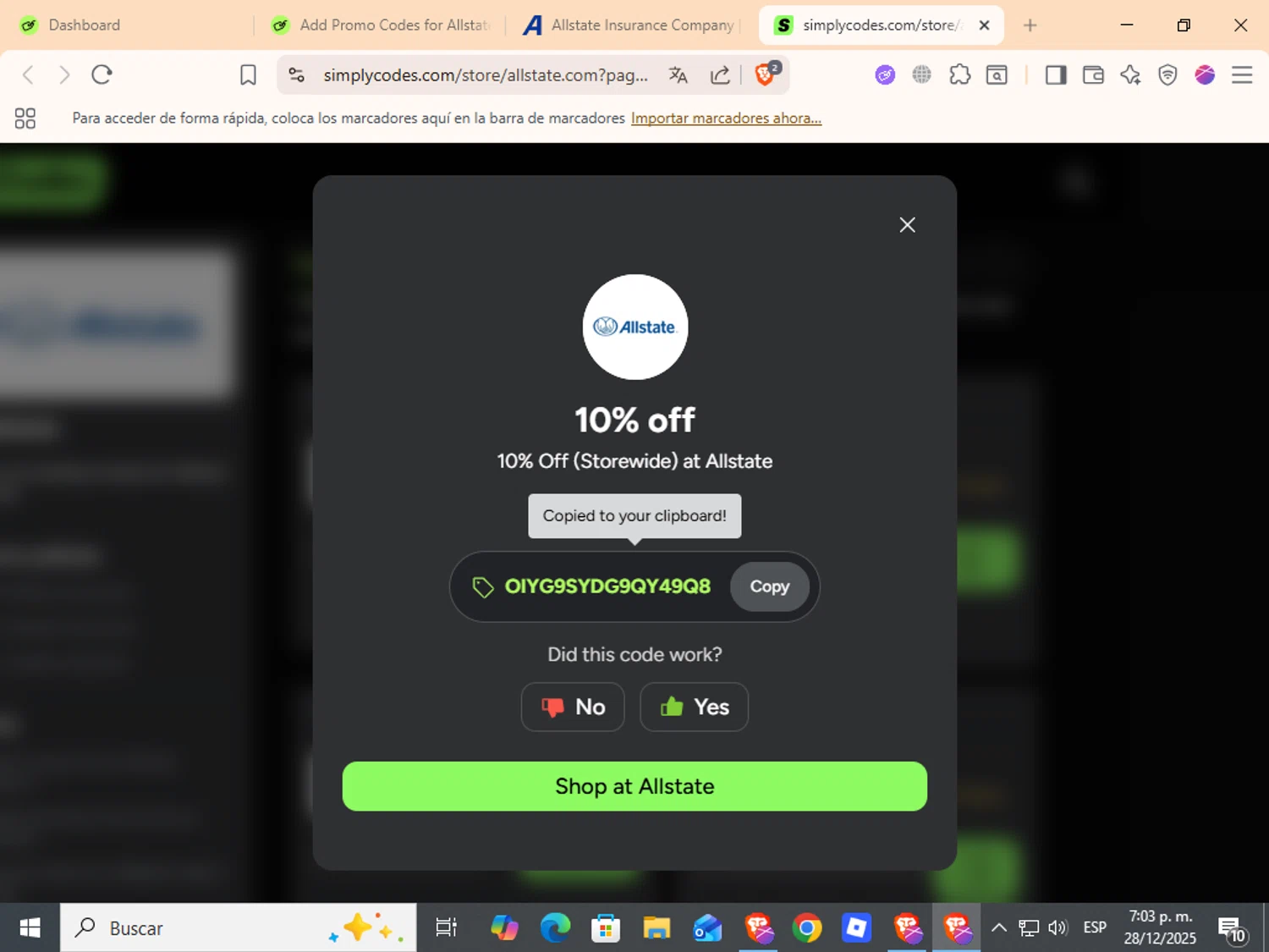 Allstate coupon code screenshot showing code OIYG9SYDG9QY49Q8 applied at Allstate checkout page. Uploaded by SimplyCodes community member ANDREWW on Dec 28, 2025
