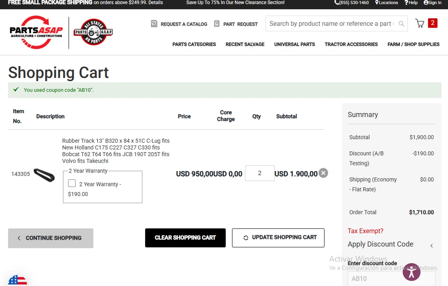 All States Ag Parts discount code screenshot showing code AB10 applied at All States Ag Parts checkout page. Uploaded by SimplyCodes community member Gary_23 on Aug 26, 2025