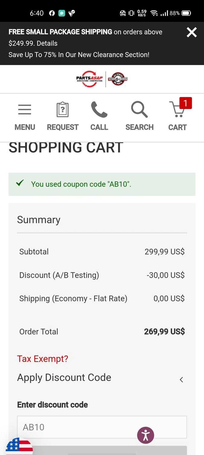 All States Ag Parts discount code screenshot showing code AB10 applied at All States Ag Parts checkout page. Uploaded by SimplyCodes community member Wonderwoman82 on May 2, 2025