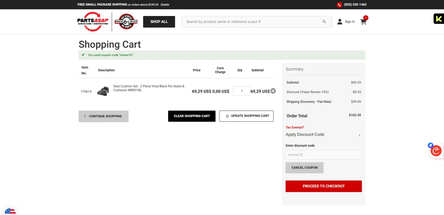 All States Ag Parts discount code screenshot showing code review10 applied at All States Ag Parts checkout page. Uploaded by SimplyCodes community member pabloprieto on Oct 26, 2025