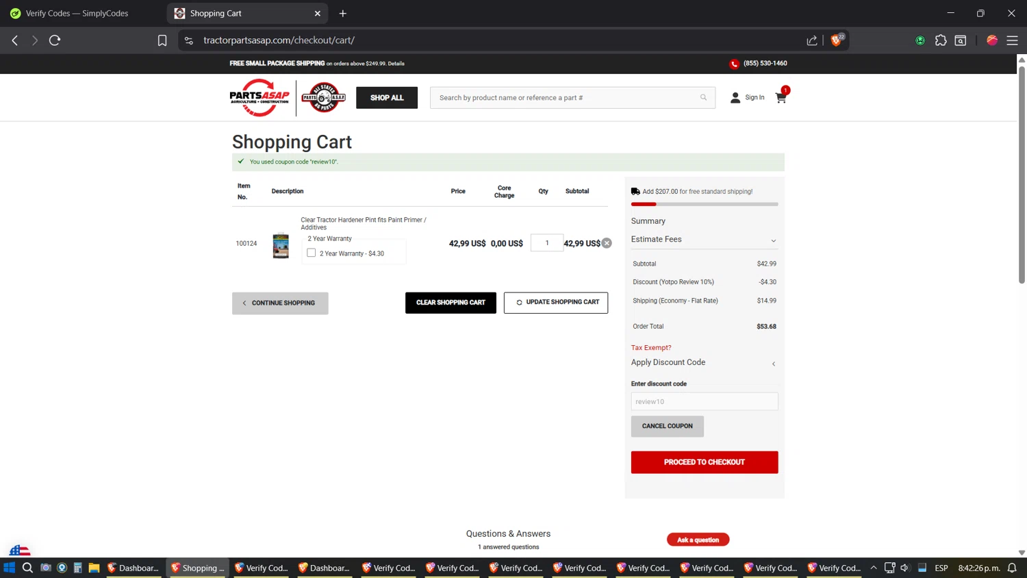 All States Ag Parts discount code screenshot showing code review10 applied at All States Ag Parts checkout page. Uploaded by SimplyCodes community member verifier_983798000 on Oct 3, 2025