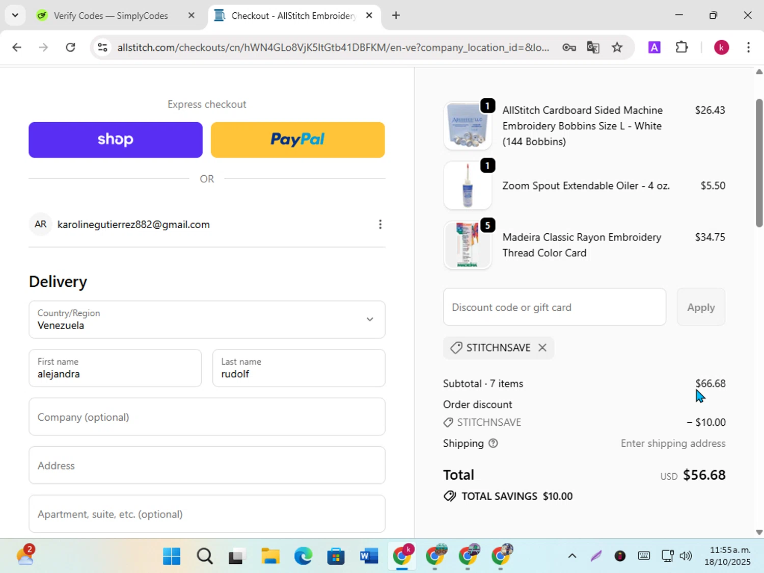 AllStitch promo code screenshot showing code STITCHNSAVE applied at AllStitch checkout page. Uploaded by SimplyCodes community member karoline on Oct 18, 2025