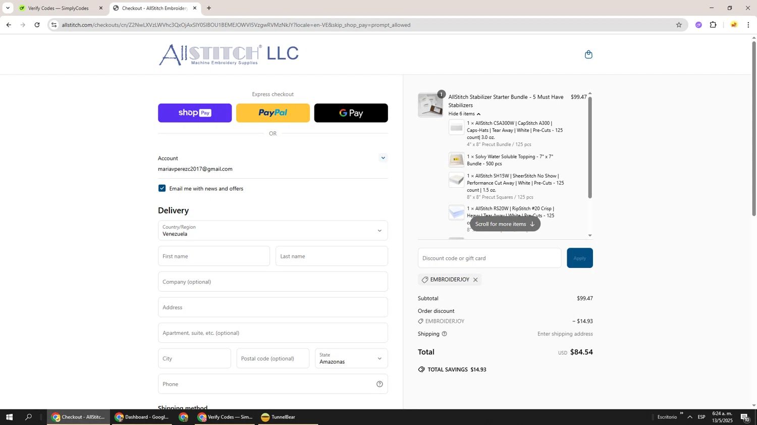 AllStitch promo code screenshot showing code EMBROIDERJOY applied at AllStitch checkout page. Uploaded by SimplyCodes community member Richard251 on May 13, 2025