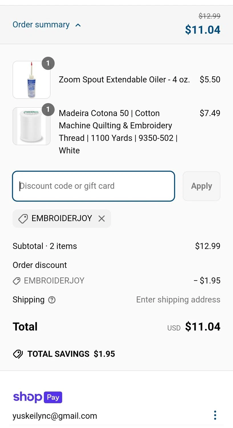 AllStitch promo code screenshot showing code EMBROIDERJOY applied at AllStitch checkout page. Uploaded by SimplyCodes community member Yuskecoder426913 on Apr 14, 2025