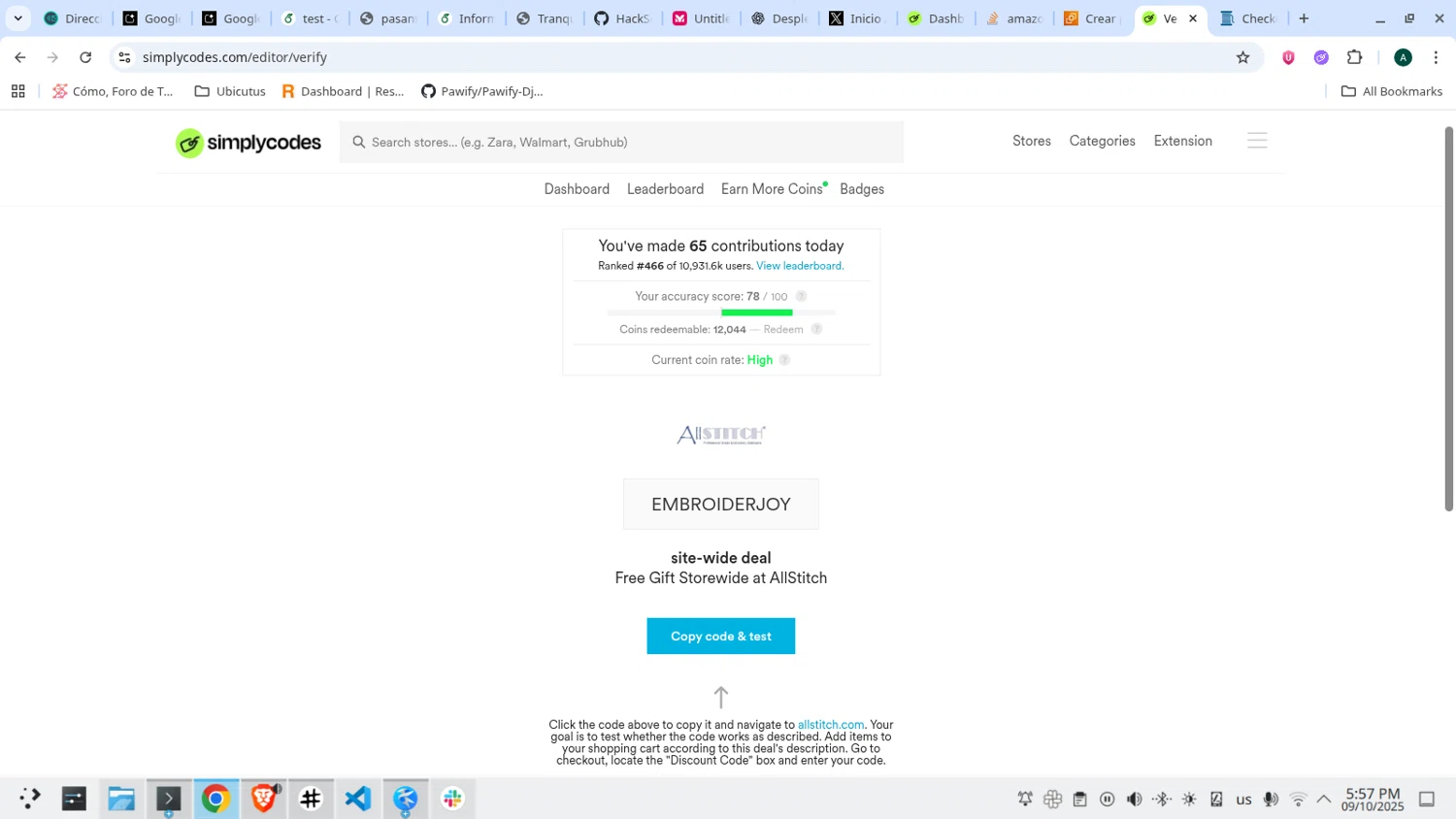 AllStitch promo code screenshot showing code EMBROIDERJOY applied at AllStitch checkout page. Uploaded by SimplyCodes community member admeneses on Oct 9, 2025