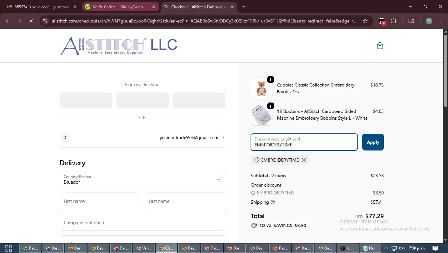 AllStitch promo code screenshot showing code EMBROIDERYTIME applied at AllStitch checkout page. Uploaded by SimplyCodes community member MoneyTiger5162 on Jan 16, 2026