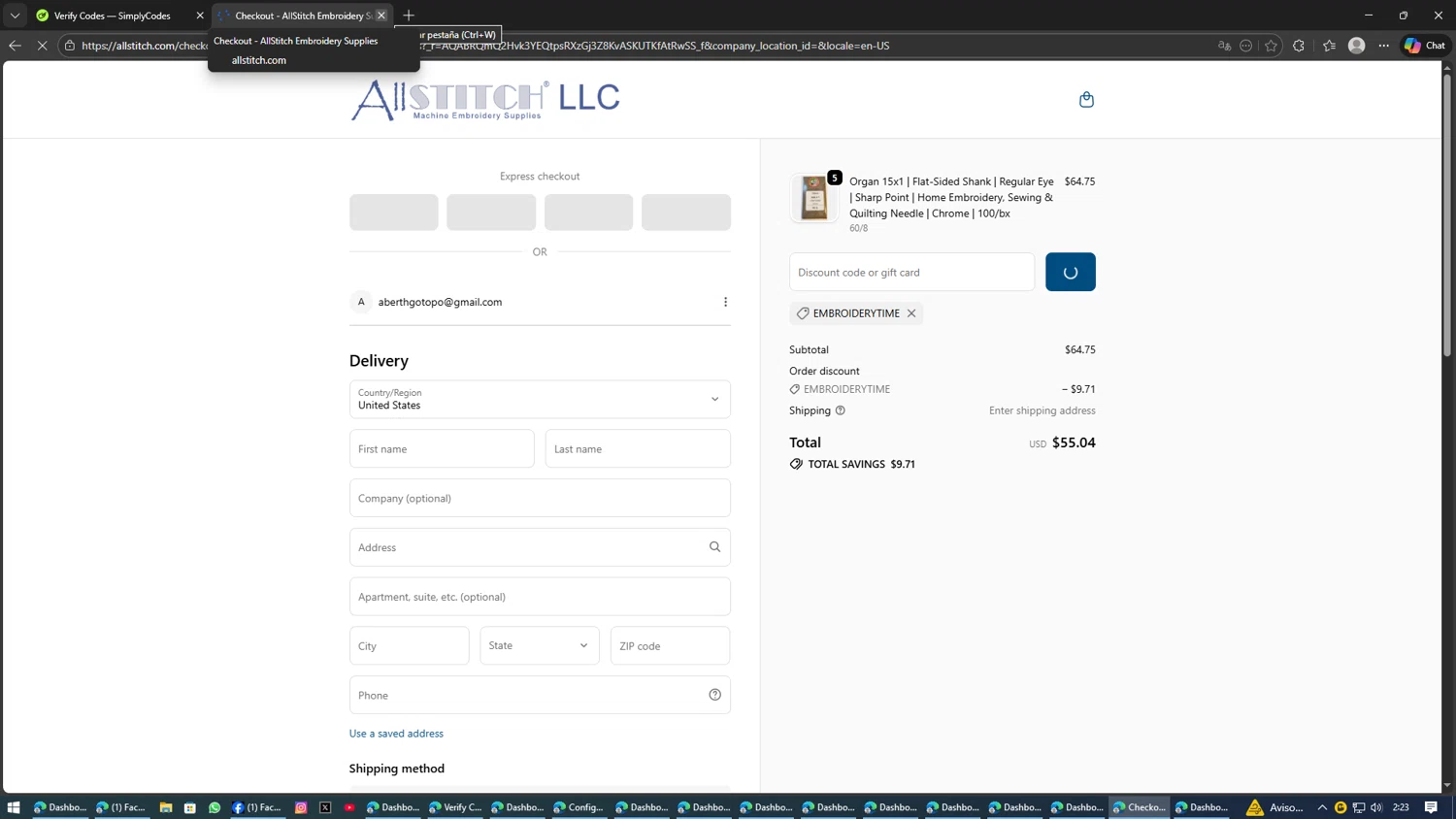 AllStitch checkout page showing AllStitch promo code box | Screenshot taken by SimplyCodes community member on Feb 1, 2026