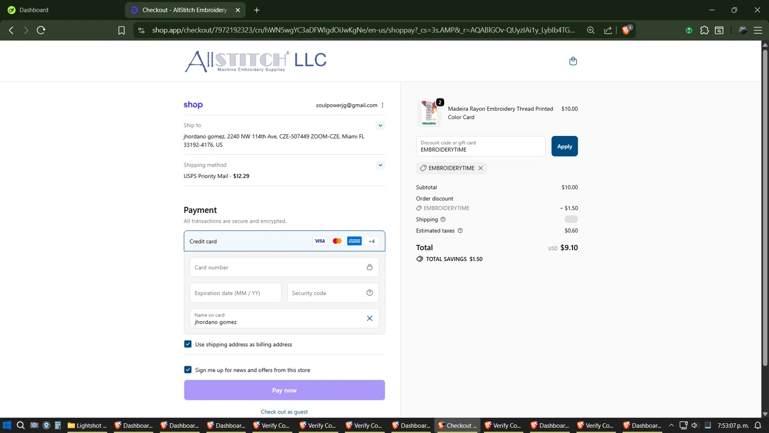 AllStitch promo code screenshot showing code EMBROIDERYTIME applied at AllStitch checkout page. Uploaded by SimplyCodes community member ZoilaPerrita on Dec 2, 2025