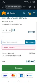 Alltents coupon verification screenshot