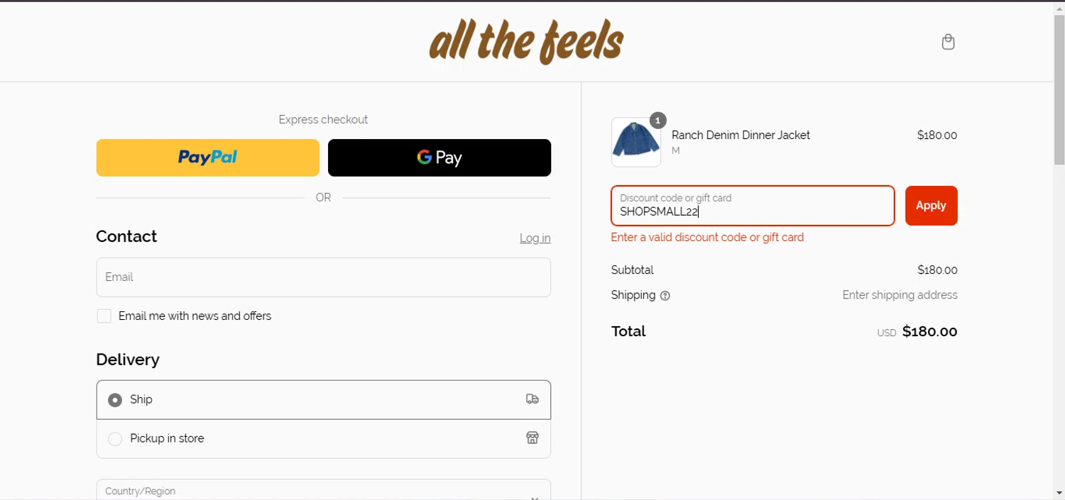 All The Feels promo code screenshot showing code SHOPSMALL22 applied at All The Feels checkout page. Uploaded by SimplyCodes community member BudgetSage1378 on Mar 4, 2025