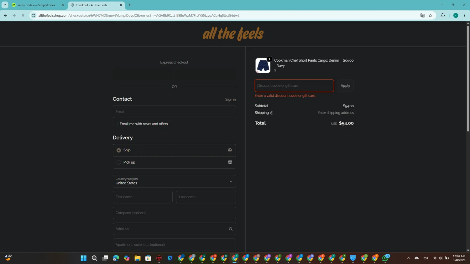 All The Feels promo code screenshot showing code SHOPSMALL2023 applied at All The Feels checkout page. Uploaded by SimplyCodes community member SavingsRanger5017 on Jan 8, 2026