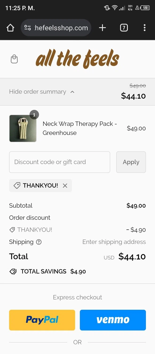 All The Feels checkout page showing All The Feels promo code box | Screenshot taken by SimplyCodes community member on May 3, 2024