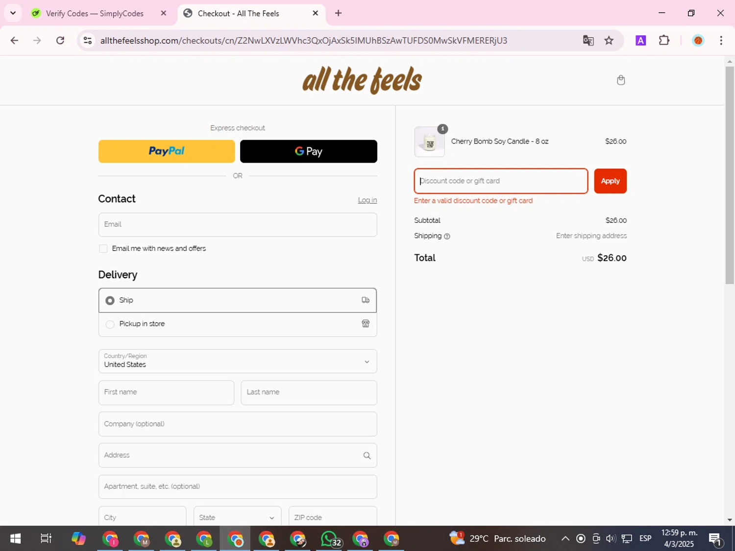 All The Feels promo code screenshot showing code THANKYOU! applied at All The Feels checkout page. Uploaded by SimplyCodes community member ShieldDefender9117 on Mar 4, 2025