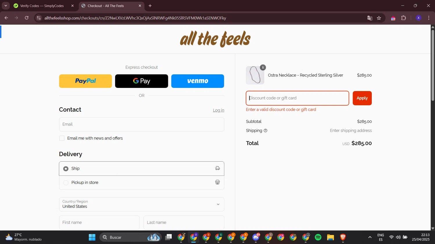 All The Feels promo code screenshot showing code APPRECIATION applied at All The Feels checkout page. Uploaded by SimplyCodes community member LewisHamilton on Apr 26, 2025