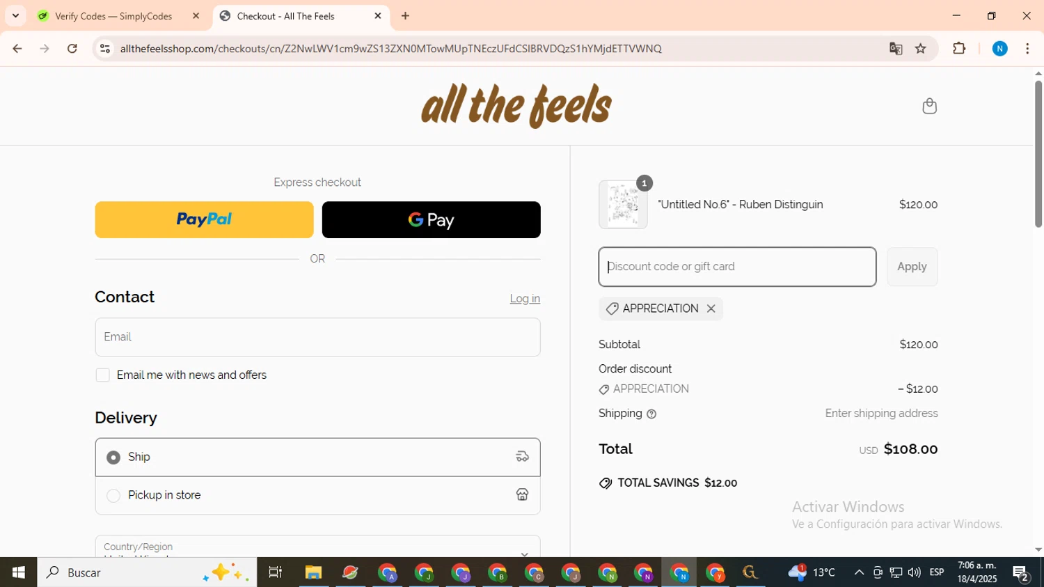 All The Feels checkout page showing All The Feels promo code box | Screenshot taken by SimplyCodes community member on Apr 18, 2025