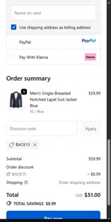 BACK15 coupon verification screenshot