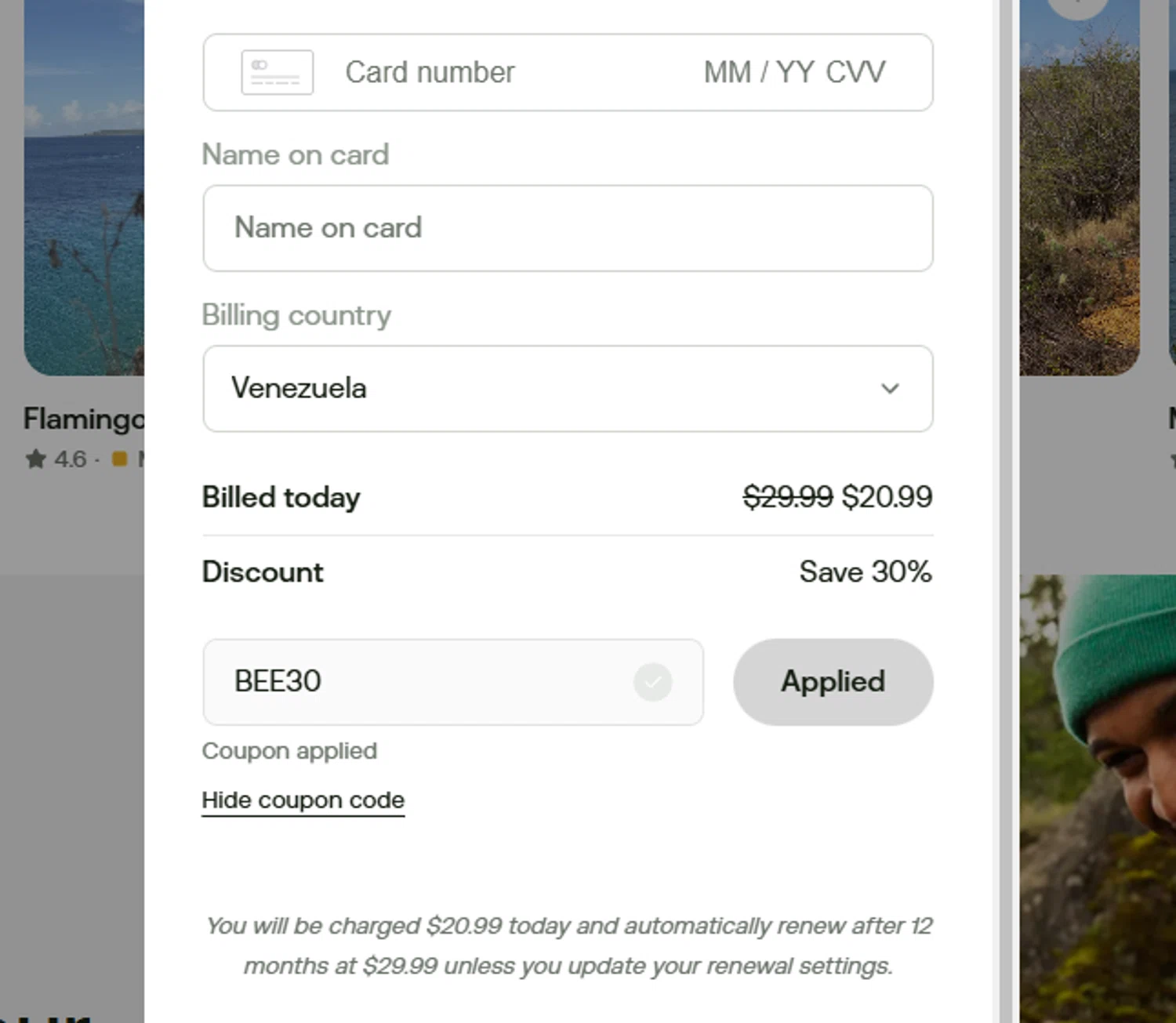 AllTrails promo code screenshot showing code BEE30 applied at AllTrails checkout page. Uploaded by SimplyCodes community member Halanweik on Feb 20, 2026