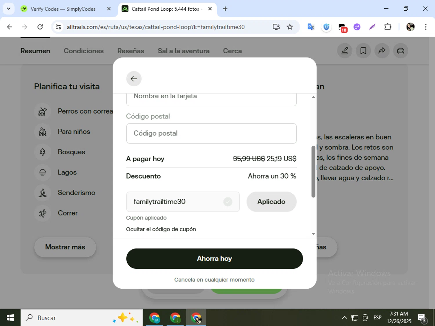 AllTrails coupon code screenshot showing code familytrailtime30 applied at AllTrails checkout page. Uploaded by SimplyCodes community member mariapolancog on Dec 26, 2025
