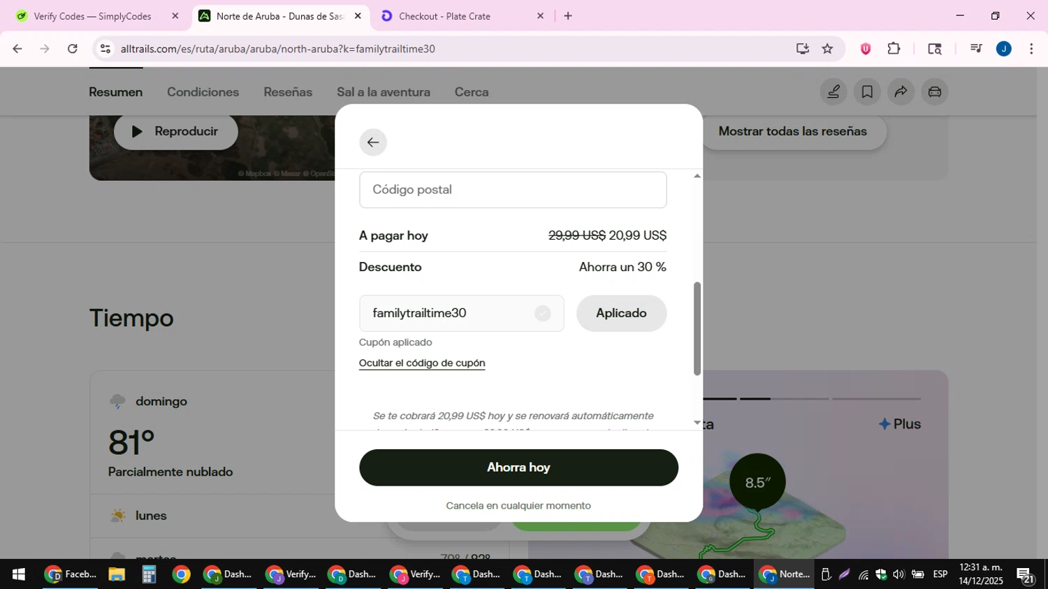 AllTrails coupon code screenshot showing code familytrailtime30 applied at AllTrails checkout page. Uploaded by SimplyCodes community member noesmith34ur on Dec 14, 2025