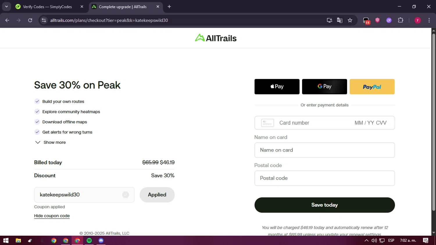 AllTrails checkout page showing AllTrails coupon code box | Screenshot taken by SimplyCodes community member on Dec 31, 2025