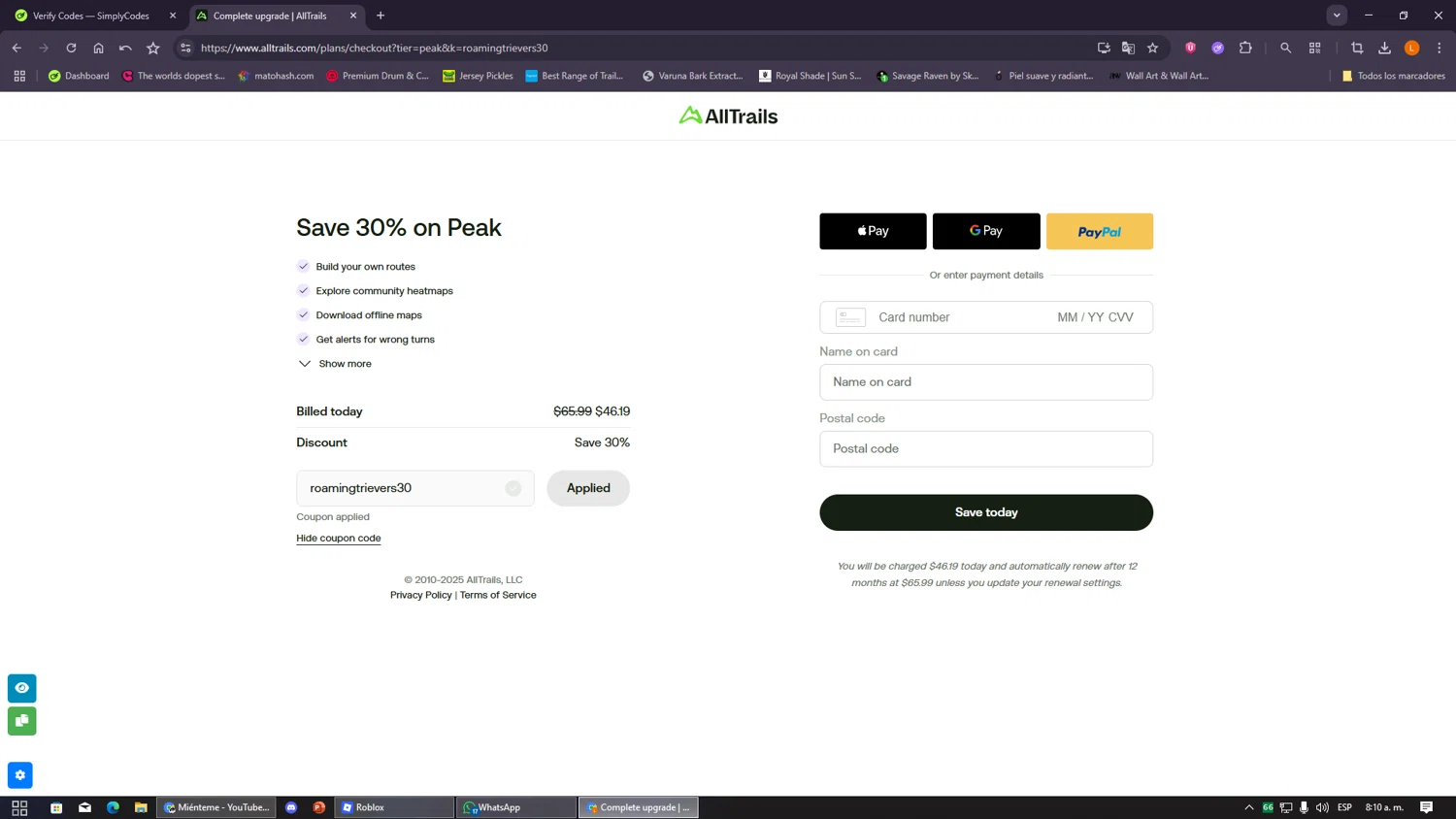 AllTrails coupon code screenshot showing code roamingtrievers30 applied at AllTrails checkout page. Uploaded by SimplyCodes community member VayneChambeadora on Jan 1, 2026