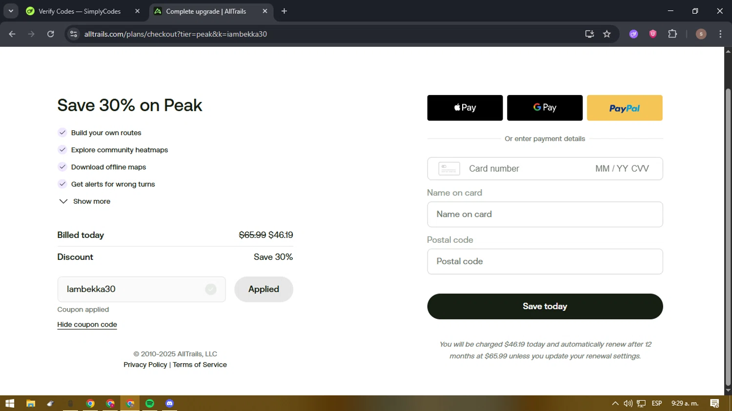 AllTrails coupon code screenshot showing code Iambekka30 applied at AllTrails checkout page. Uploaded by SimplyCodes community member 61664350 on Dec 20, 2025