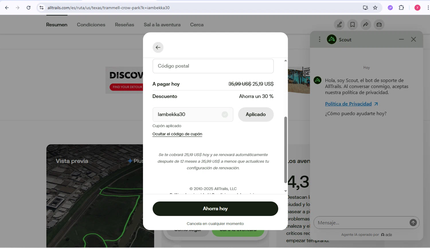 AllTrails coupon code screenshot showing code Iambekka30 applied at AllTrails checkout page. Uploaded by SimplyCodes community member carmis007 on Dec 14, 2025