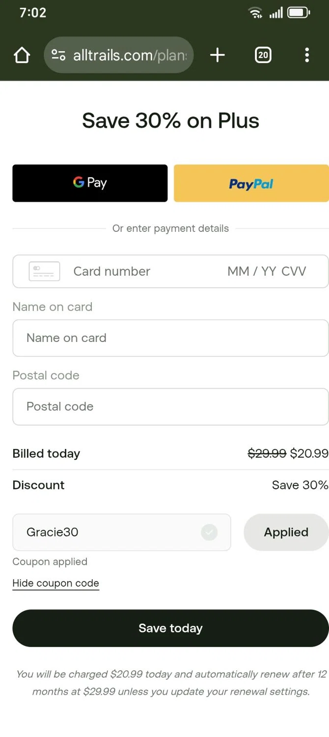 AllTrails checkout page showing AllTrails coupon code box | Screenshot taken by SimplyCodes community member on Dec 31, 2025