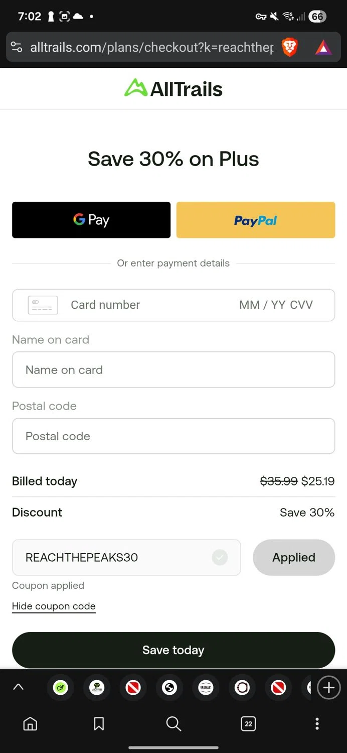 AllTrails checkout page showing AllTrails coupon code box | Screenshot taken by SimplyCodes community member on Dec 31, 2025