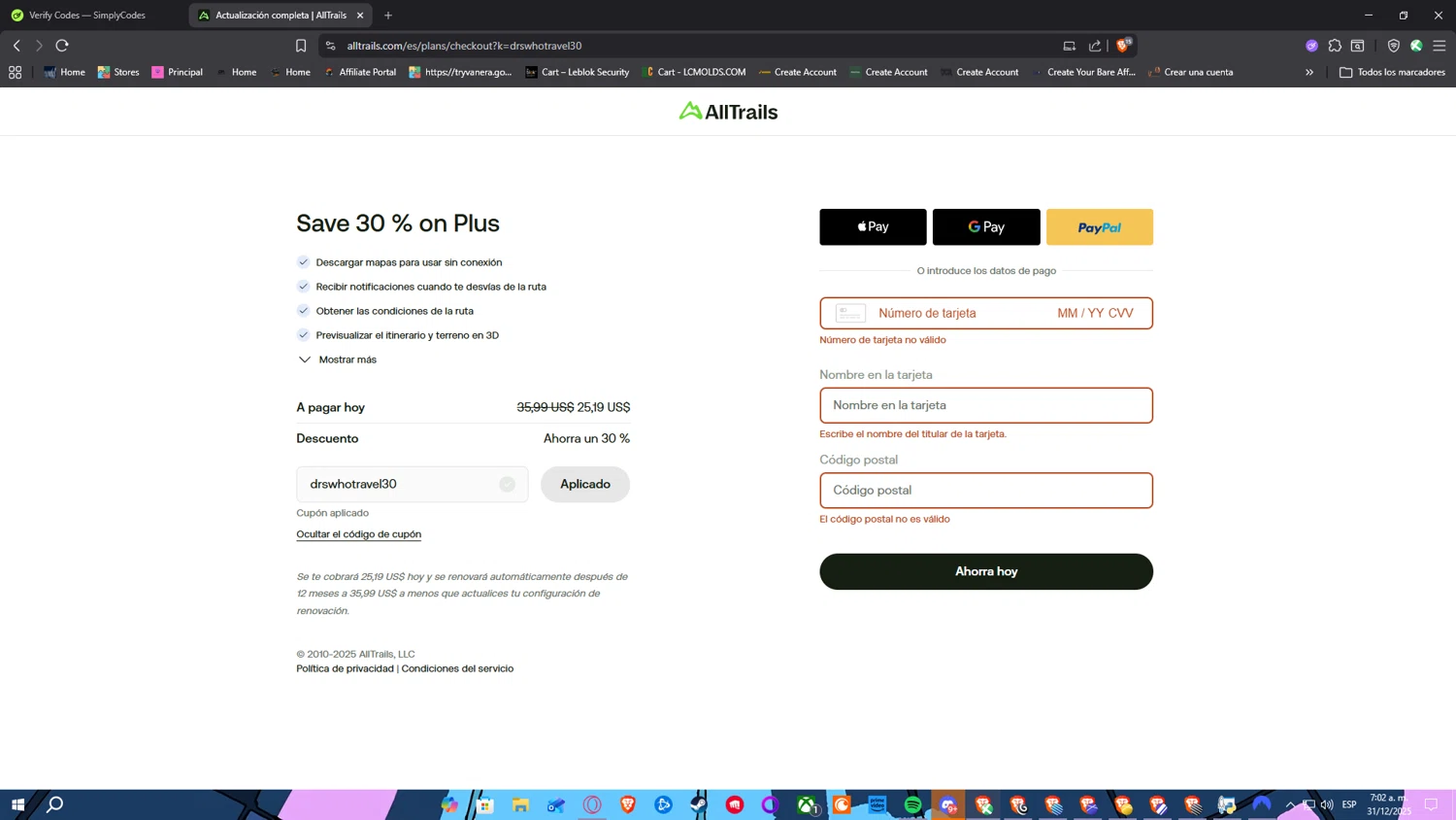 AllTrails checkout page showing AllTrails coupon code box | Screenshot taken by SimplyCodes community member on Dec 31, 2025