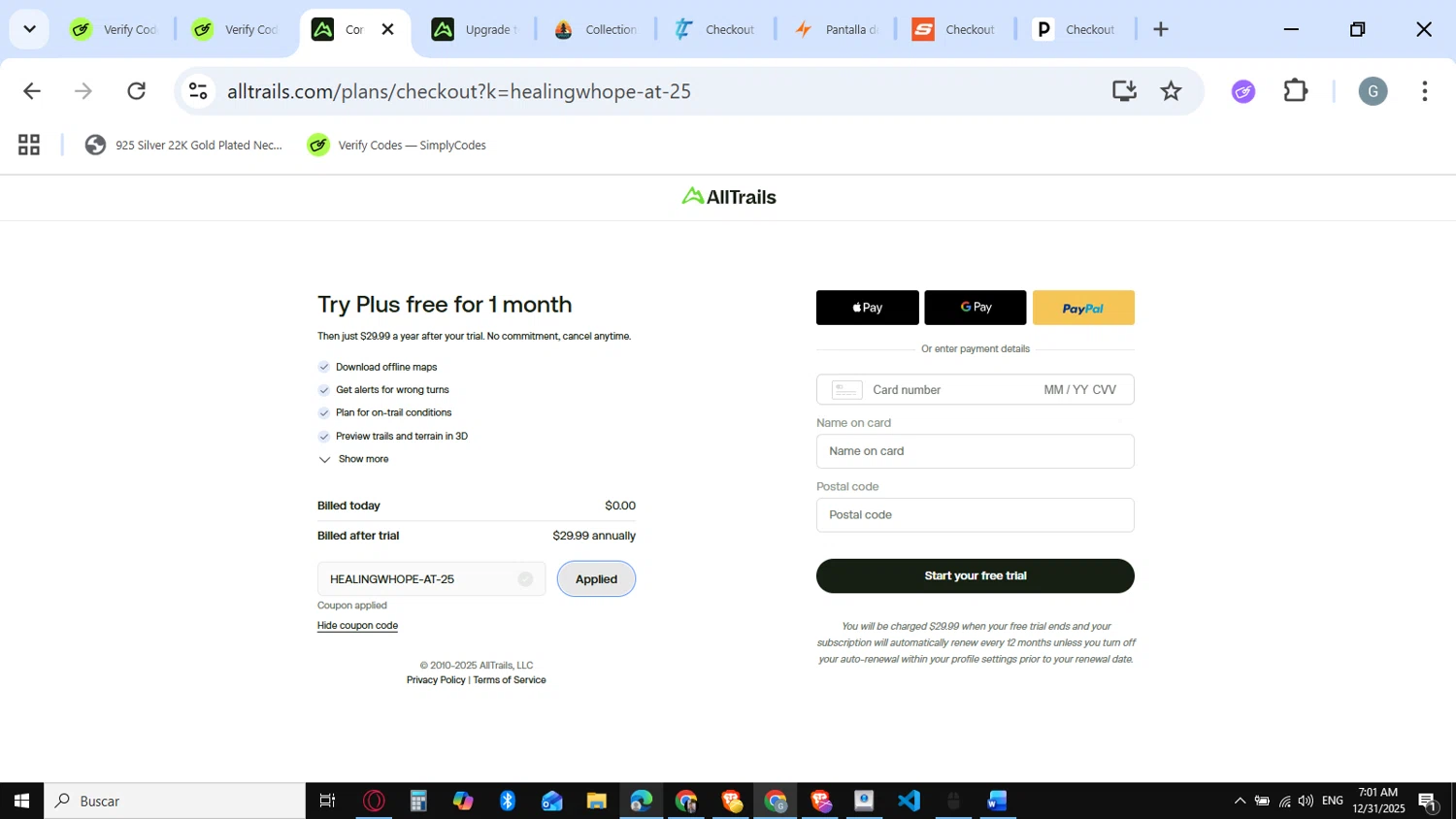 AllTrails checkout page showing AllTrails coupon code box | Screenshot taken by SimplyCodes community member on Dec 31, 2025