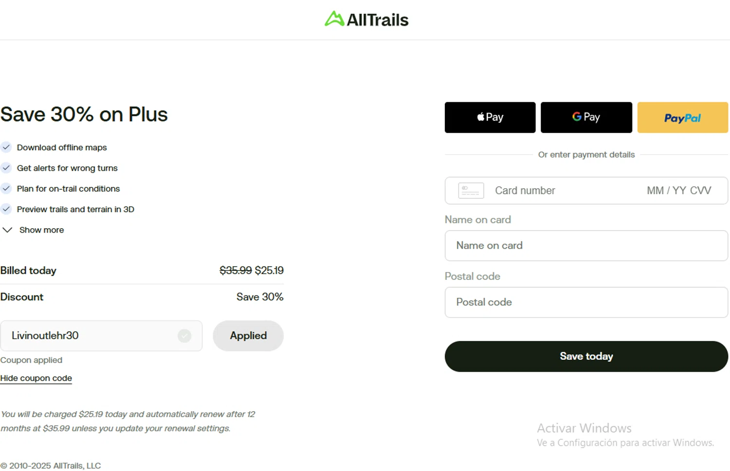 AllTrails coupon code screenshot showing code Livinoutlehr30 applied at AllTrails checkout page. Uploaded by SimplyCodes community member Gary_23 on Dec 26, 2025