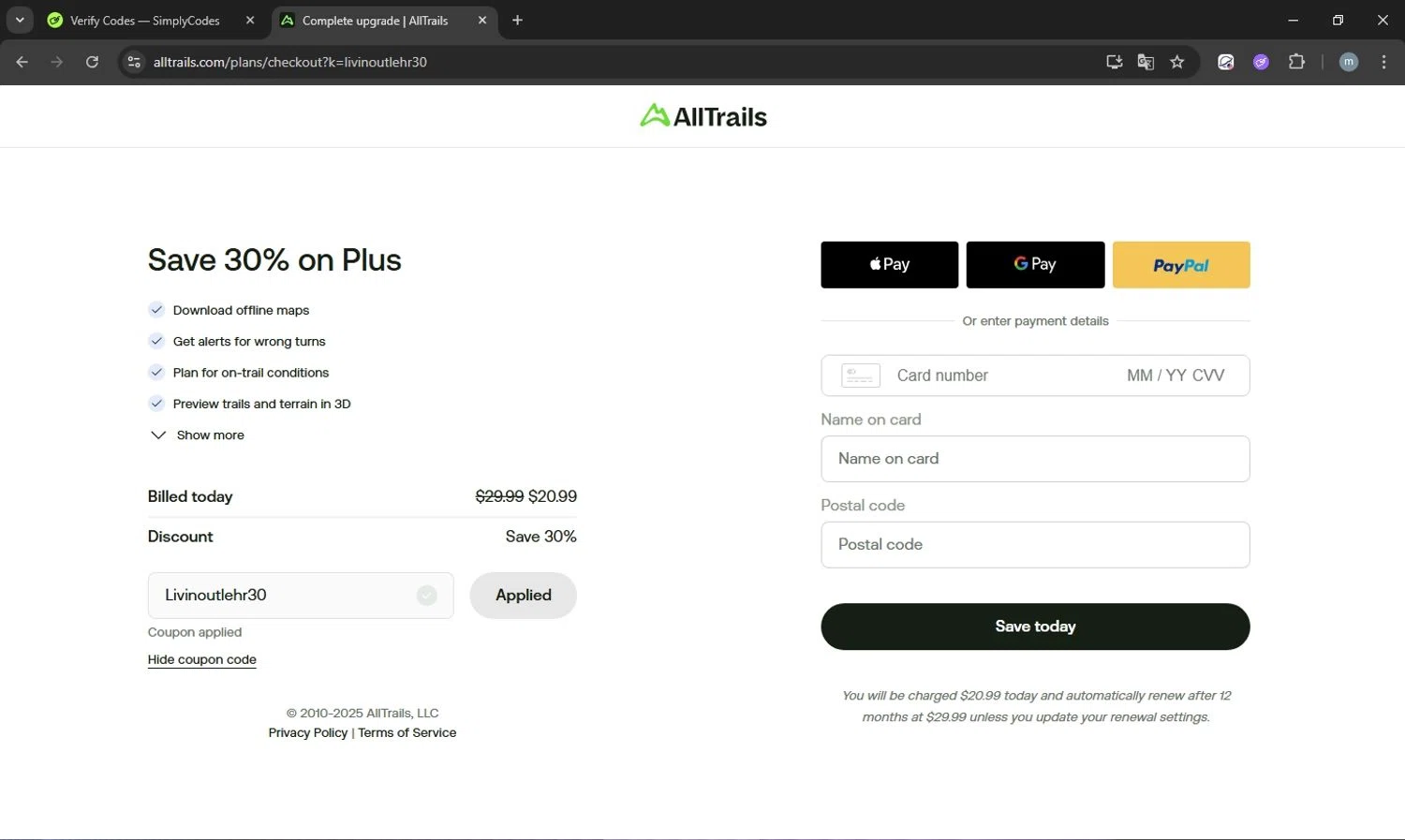 AllTrails coupon code screenshot showing code Livinoutlehr30 applied at AllTrails checkout page. Uploaded by SimplyCodes community member acostaacosta on Dec 21, 2025