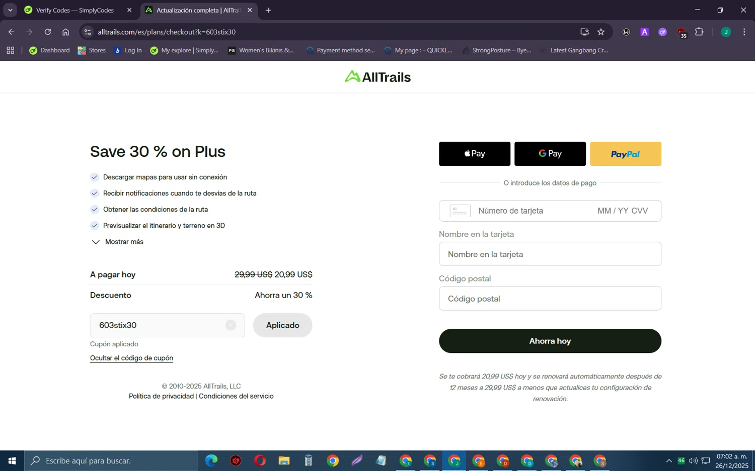 AllTrails coupon code screenshot showing code 603stix30 applied at AllTrails checkout page. Uploaded by SimplyCodes community member SarayH on Dec 26, 2025