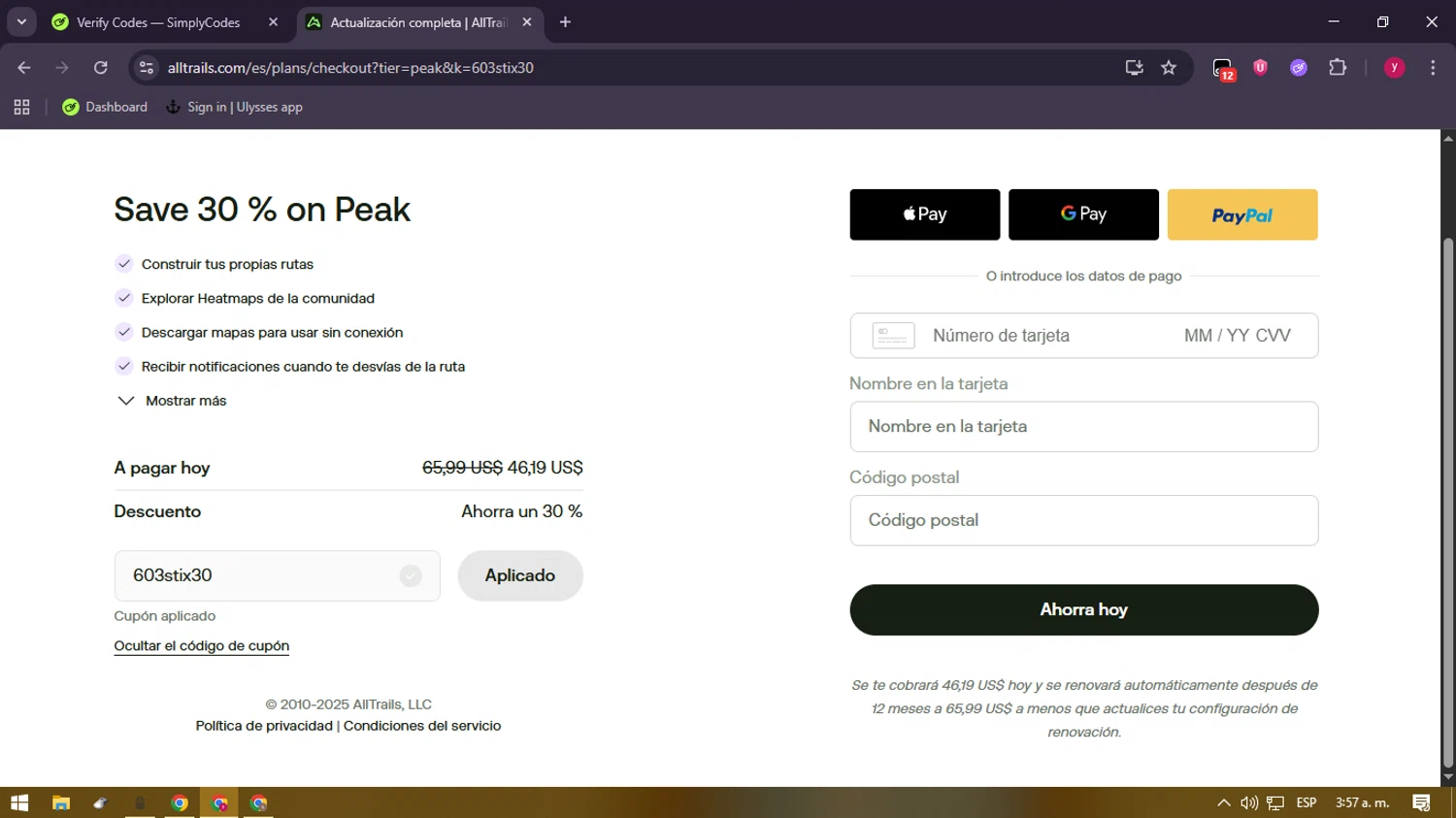 AllTrails coupon code screenshot showing code 603stix30 applied at AllTrails checkout page. Uploaded by SimplyCodes community member ValiantFox2134 on Dec 21, 2025