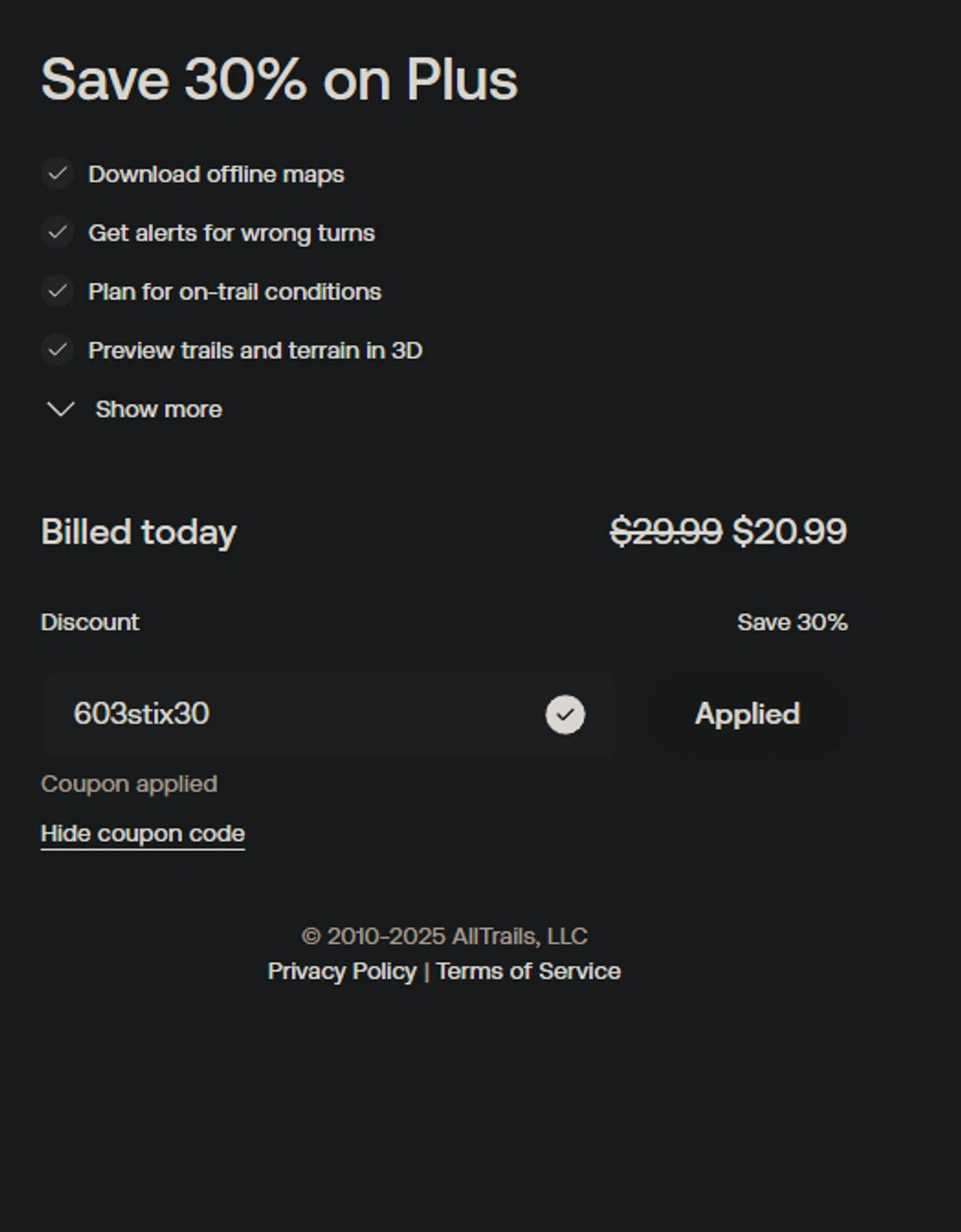 AllTrails coupon code screenshot showing code 603stix30 applied at AllTrails checkout page. Uploaded by SimplyCodes community member jaimitoalcachofa on Dec 8, 2025