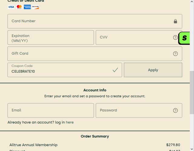 Alltrue checkout page showing Alltrue promo code box | Screenshot taken by SimplyCodes community member on Sep 14, 2025