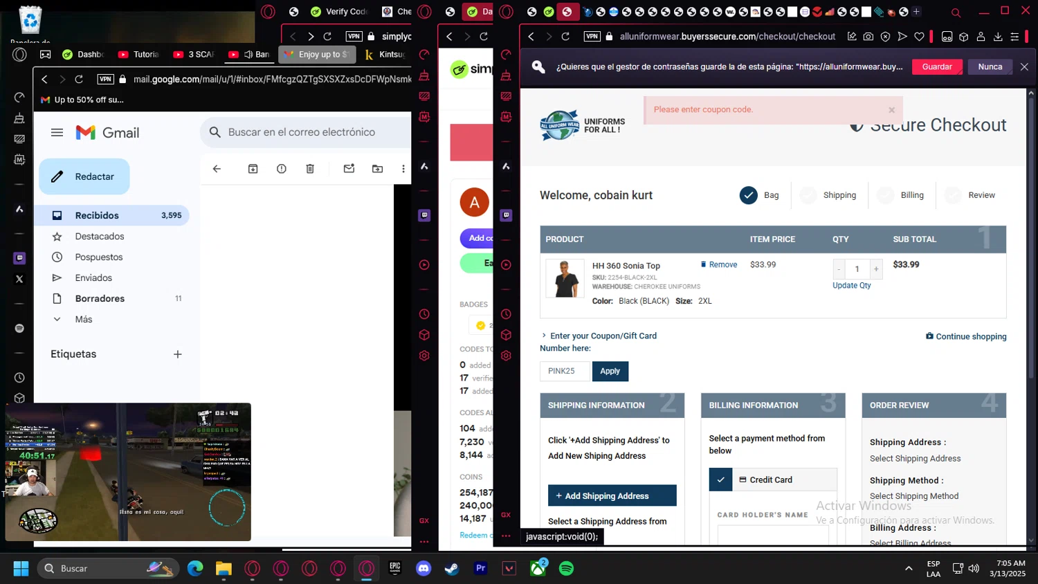 All Uniform Wear coupon code screenshot showing code PINK25 applied at All Uniform Wear checkout page. Uploaded by SimplyCodes community member Handivlak on Mar 13, 2025