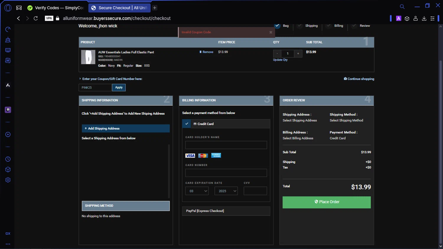 All Uniform Wear coupon code screenshot showing code PINK25 applied at All Uniform Wear checkout page. Uploaded by SimplyCodes community member SavingsWhiz9509 on Mar 13, 2025
