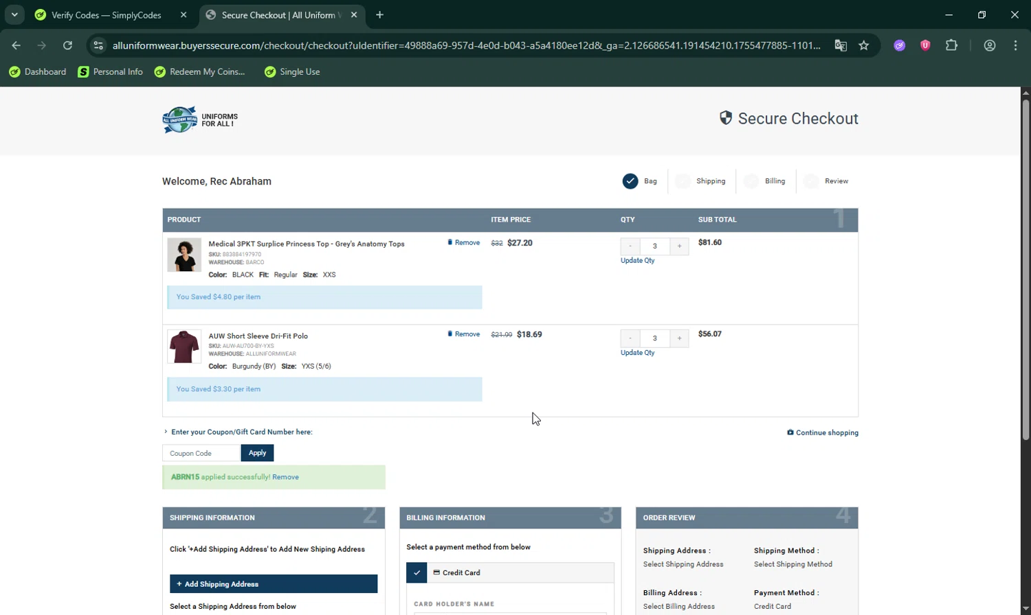 All Uniform Wear coupon code screenshot showing code ABRN15 applied at All Uniform Wear checkout page. Uploaded by SimplyCodes community member LHaunter on Aug 18, 2025