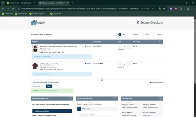All Uniform Wear checkout page showing All Uniform Wear coupon code box | Screenshot taken by SimplyCodes community member on Aug 18, 2025