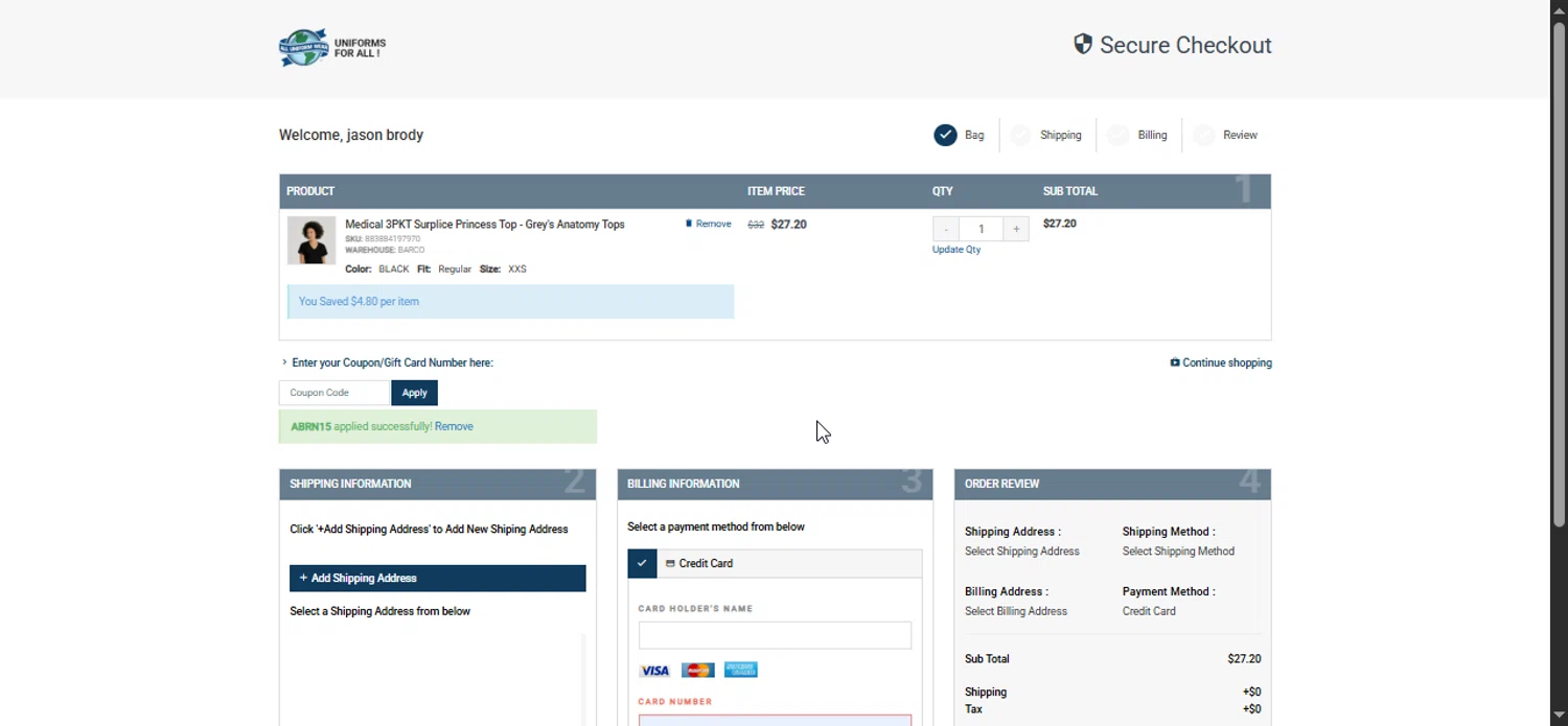 All Uniform Wear coupon code screenshot showing code ABRN15 applied at All Uniform Wear checkout page. Uploaded by SimplyCodes community member LuckyPioneer1027 on Jul 28, 2025