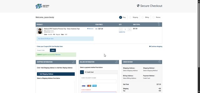 All Uniform Wear checkout page showing All Uniform Wear coupon code box | Screenshot taken by SimplyCodes community member on Jul 28, 2025