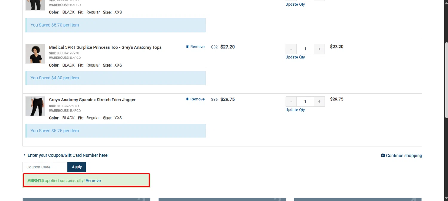 All Uniform Wear coupon code screenshot showing code ABRN15 applied at All Uniform Wear checkout page. Uploaded by SimplyCodes community member noworries on Jul 31, 2025