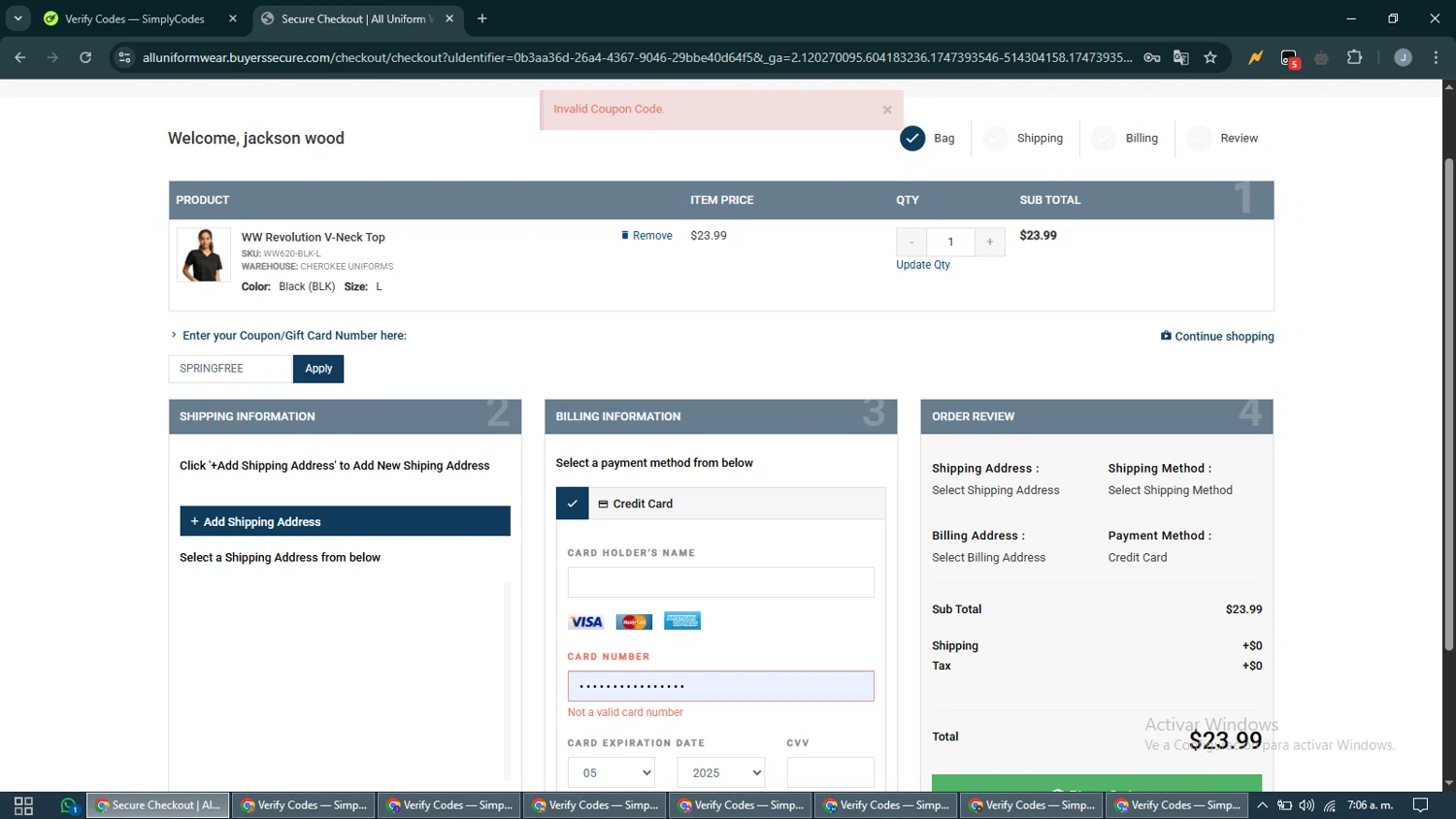 All Uniform Wear coupon code screenshot showing code SPRINGFREE applied at All Uniform Wear checkout page. Uploaded by SimplyCodes community member CashShopper1214 on May 16, 2025